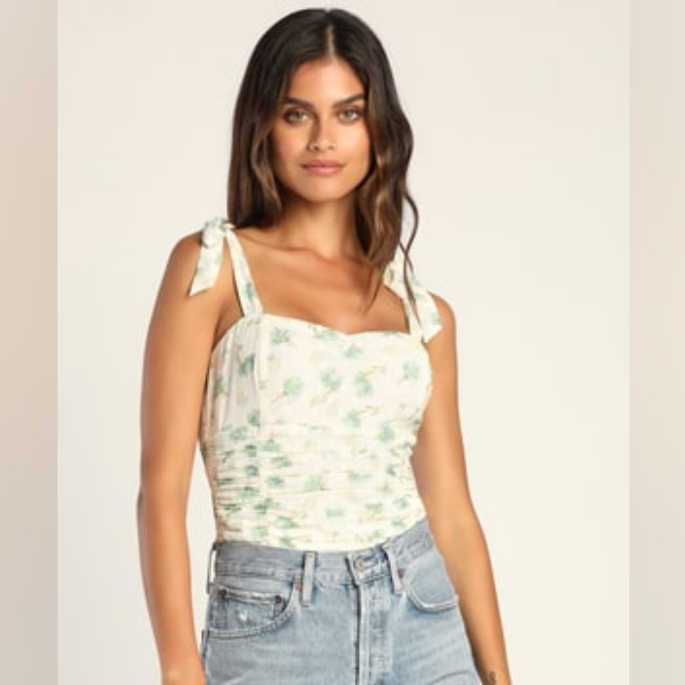 Lulus Romance Everlasting Ivory Floral Tie-Strap Bodysuit